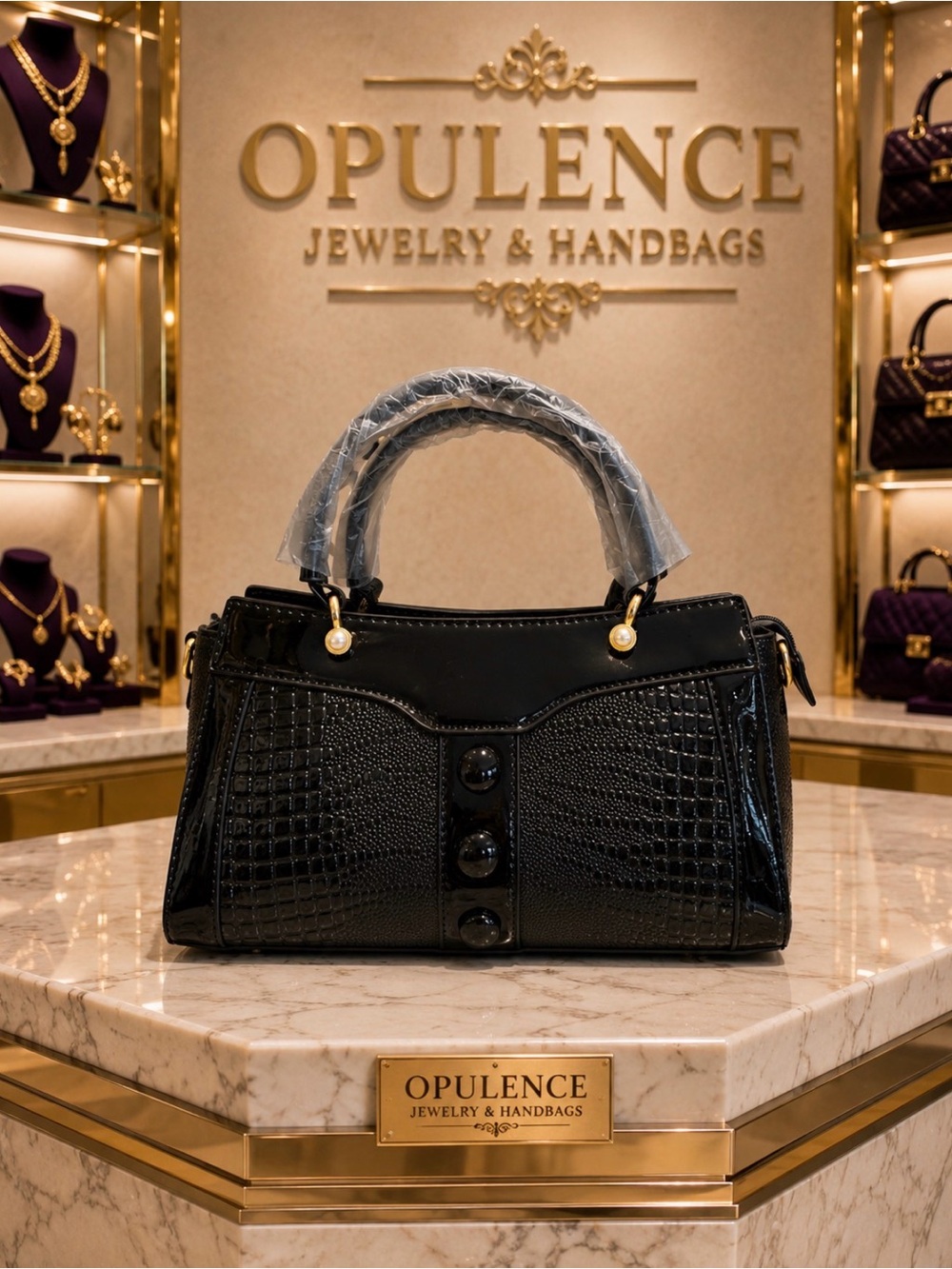 Black Croc-Textured Top-Handle Bag